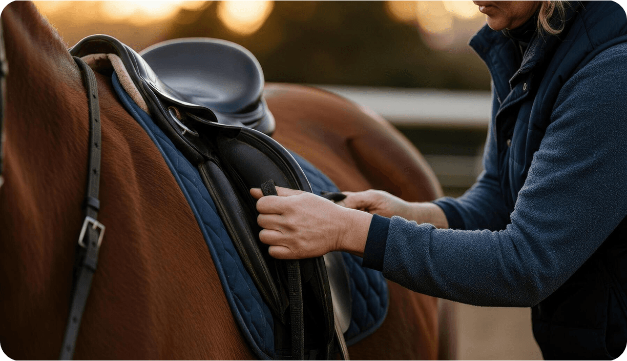 A rider fitting a navy quilted saddle pad to a bay horse