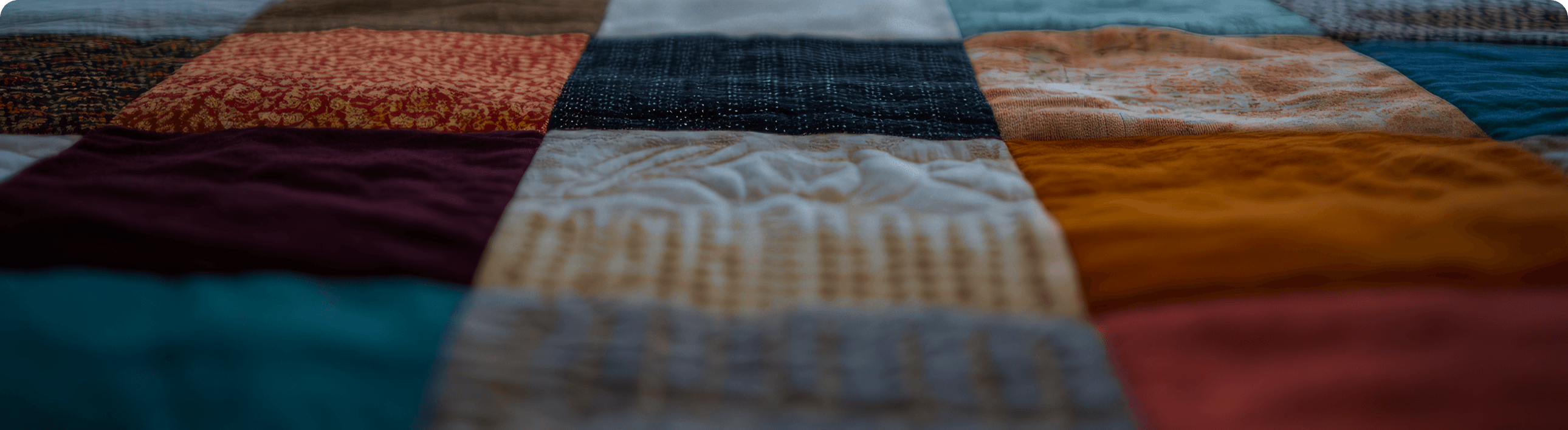 Close-up of a patchwork quilt in many colours
