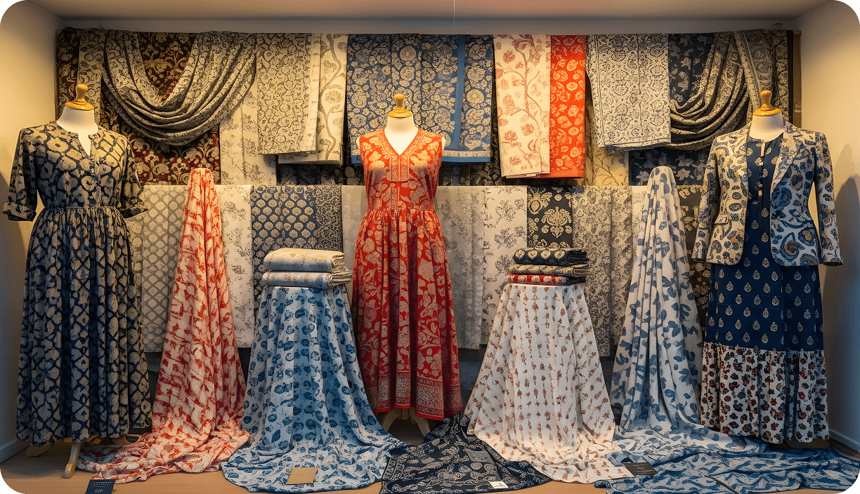 A showroom of patterned dresses and printed fabric bolts