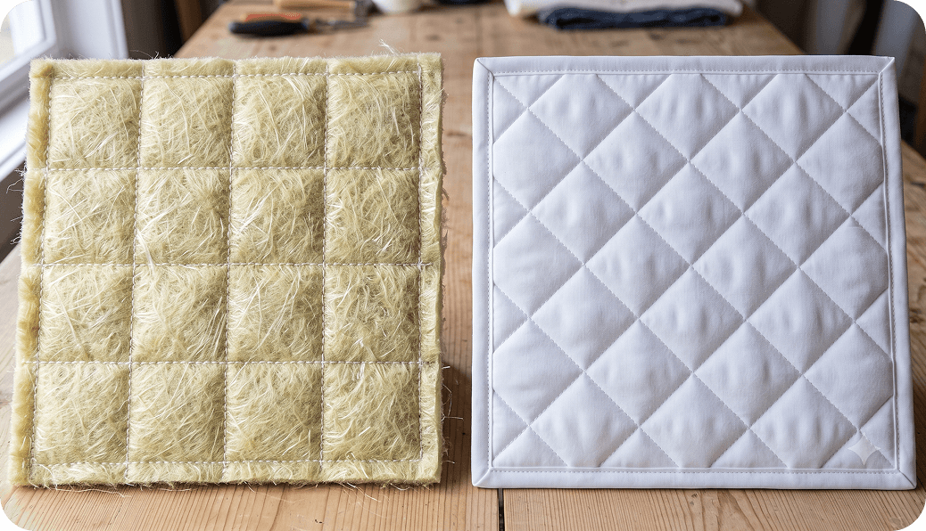 A fibreglass quilted panel beside a white polyester quilted panel on a workbench