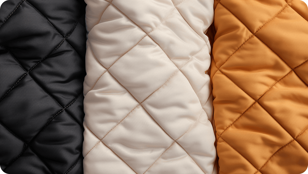 Black, cream and orange quilted fabric panels side by side