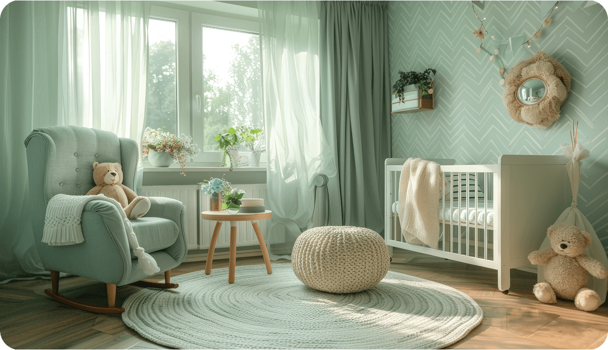 A pale green nursery with a cot, rocking chair and soft toys