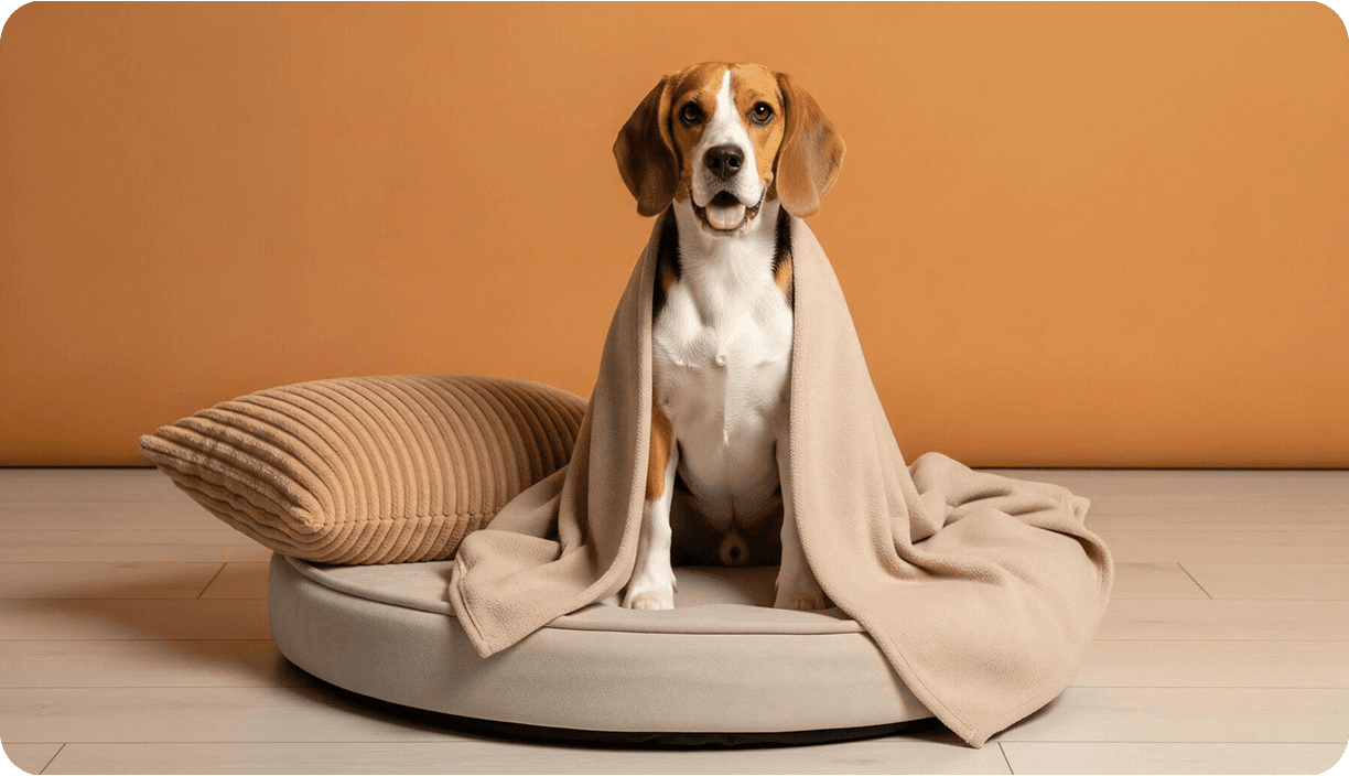 A beagle sitting on a round pet bed under a soft blanket