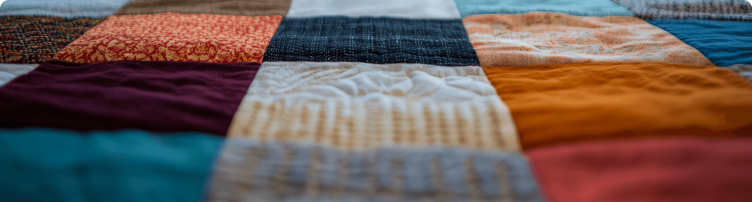 Close-up of a patchwork quilt in many colours