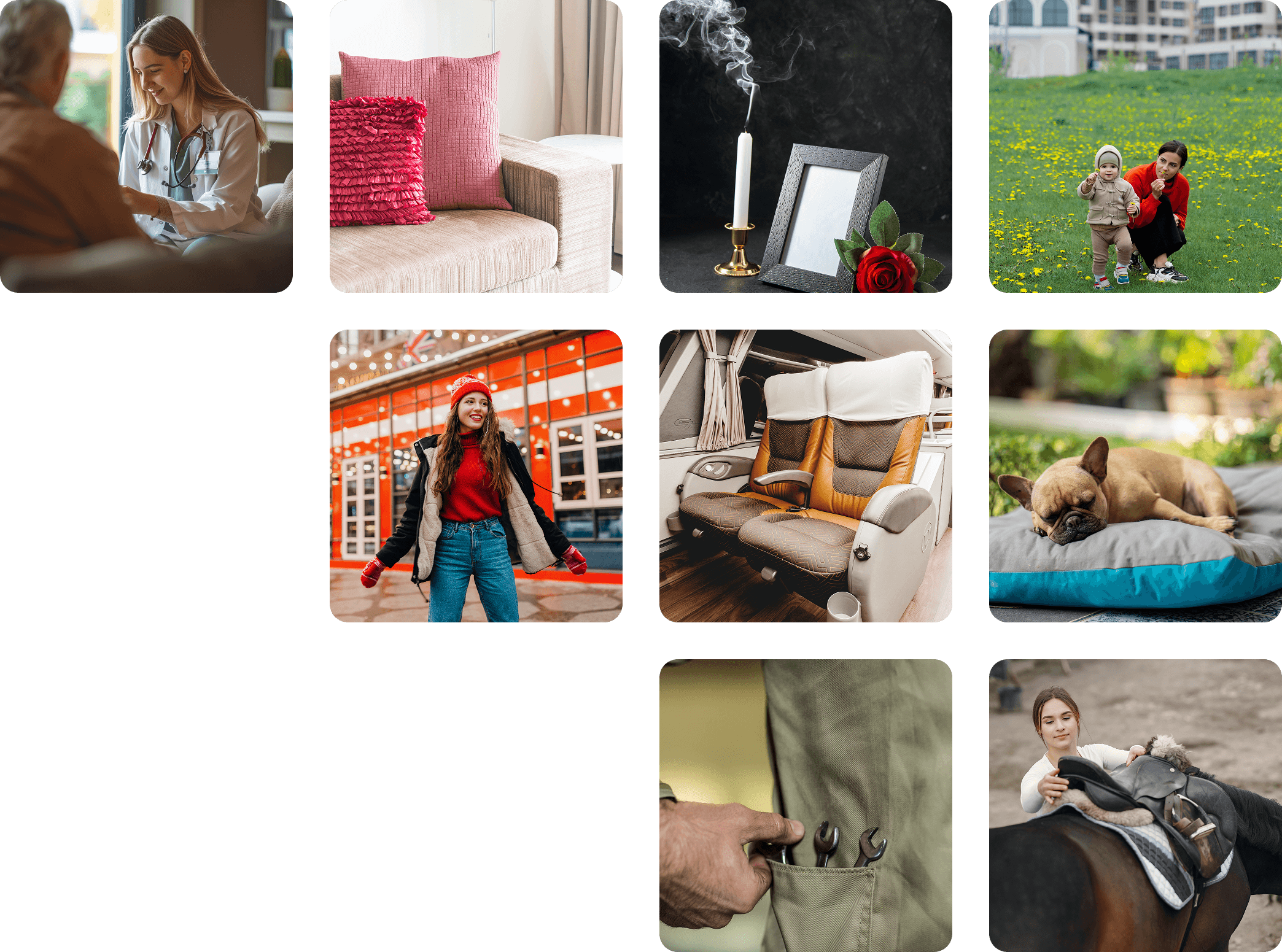 A grid of finished products we quilt for, from healthcare to equestrian