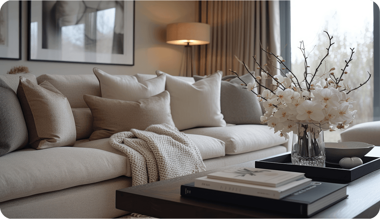 A cream sofa dressed with cushions and a knitted throw