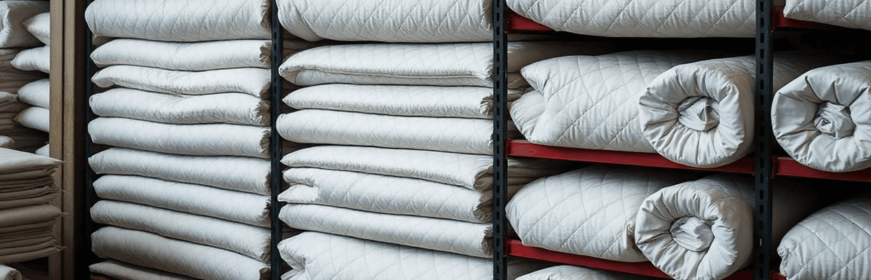 Rolls of wadding and filling materials in storage