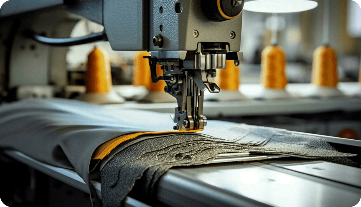An industrial sewing machine stitching workwear fabric