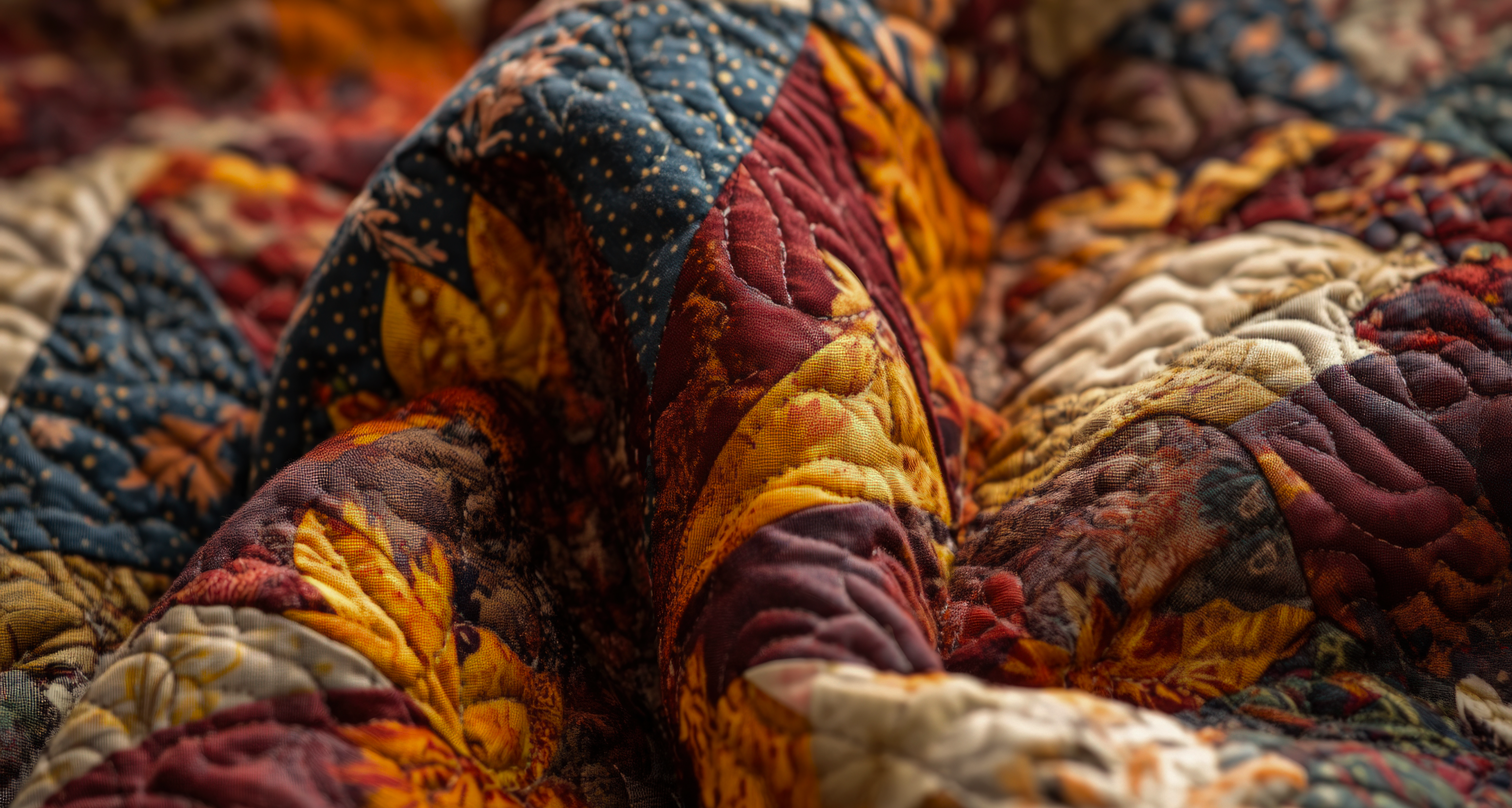 Close-up of an autumn-toned patchwork quilt