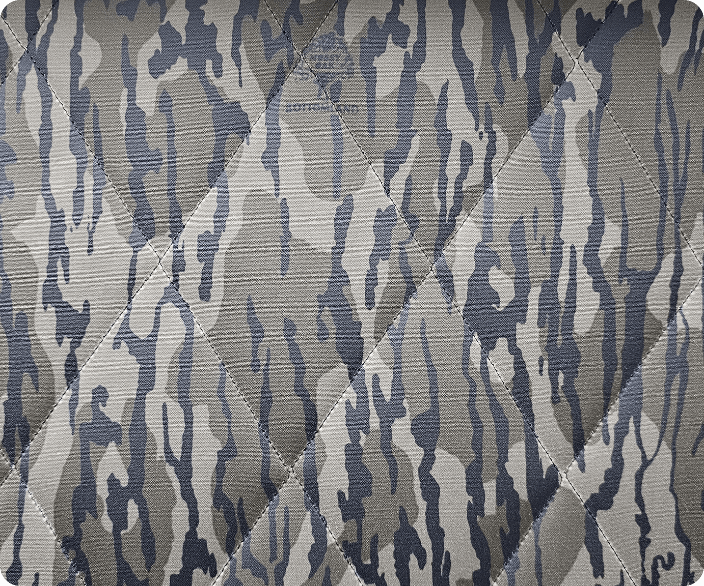 Close-up of camouflage-patterned diamond-quilted fabric