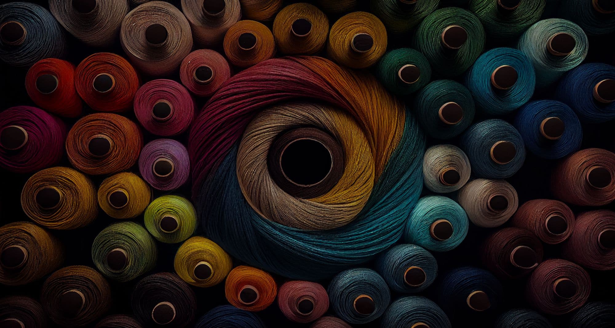 Spools of coloured thread arranged in a spiral
